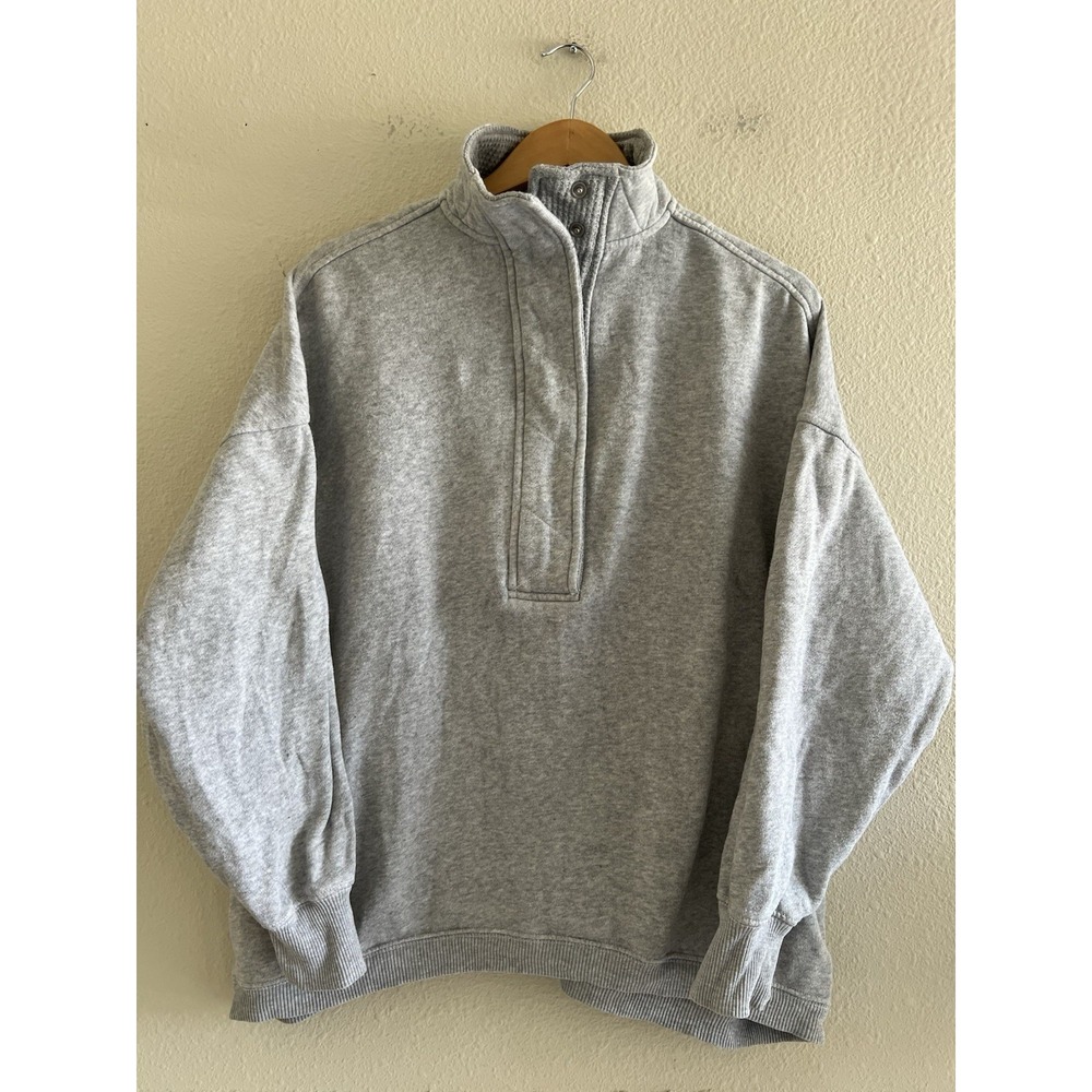 Aerie Heather Grey Snap Mock Neck Fleece Sweatshirt Small Waffle Knit Collar
